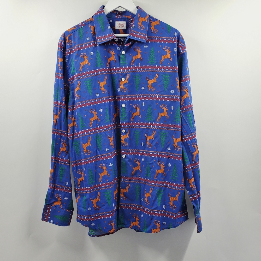North Pole Christmas Tree Reindeer Print Button Up Shirt Blue Holiday